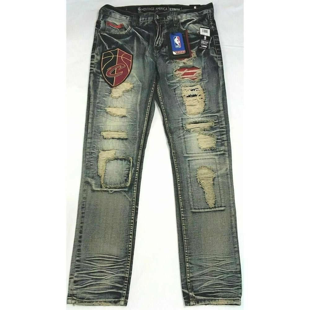 UNK Heritage America NBA Cleveland Cavaliers Distressed Patch Jeans  34 X 34 NWT
